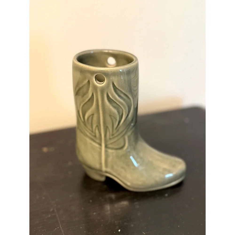 Vintage Ceramic Cowboy Boot Vase Sage Green Western Southwestern Decor